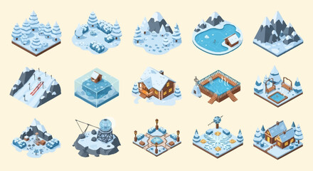 Isometric illustration of various winter and arctic landscapes with buildings. © Syakilla