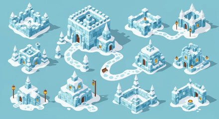 Isometric winter village with ice castles and snowy houses. © Syakilla