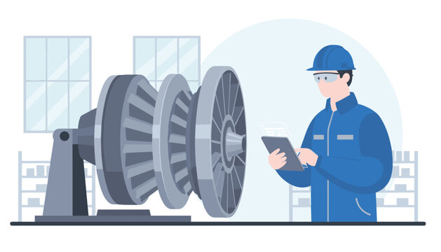 Industrial technician using a tablet to monitor complex machine components within a modern manufacturing facility environment.