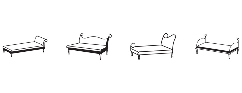  chaise lounge designs in black and white illustration  various styles and shapes  furniture for relaxation and comfort