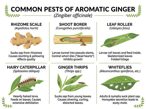 Ginger plant pests infographic showing common insects like caterpillars and whiteflies that damage rhizomes and green leaves in agriculture