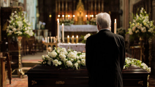 senior man stands in front of a coffin at a funeral in the church decorated with candles and flowers