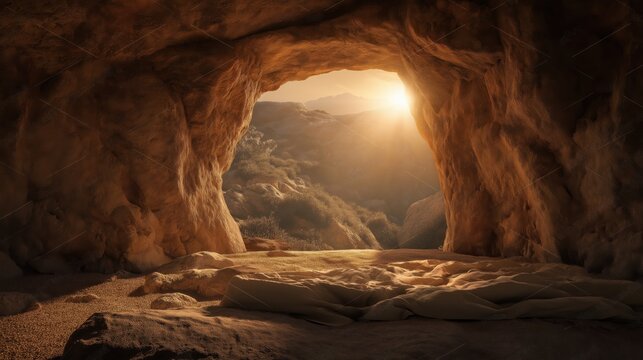 Resurrection tomb cave background empty stone sepulcher backdrop template copy space for easter religious graphic design banner