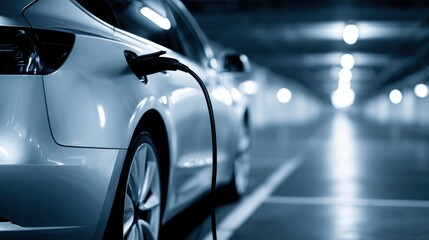 Fototapeta premium Modern electric vehicle charging at an indoor parking garage