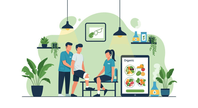 Nutritionist consults with clients about healthy food options on tablet.