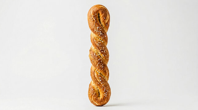 A beautifully baked, tall braided loaf of golden-brown challah bread with sesame seeds, standing upright against a plain backdrop.