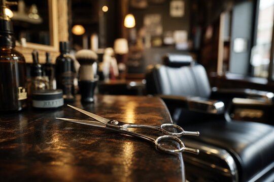 razor. A barber shop scene with scissors on the counter, reflecting the precision of the craft. pitch deck slides, case study pages, designed for brand storytelling and e-commerce strategy.