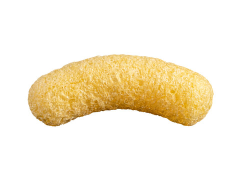 Detailed close-up of a single curved puffed corn snack, golden and crunchy, on transparent.