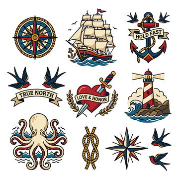 Nautical Tattoo Flash Art: Ship, Anchor, Compass, Heart, Octopus, Lighthouse, Birds