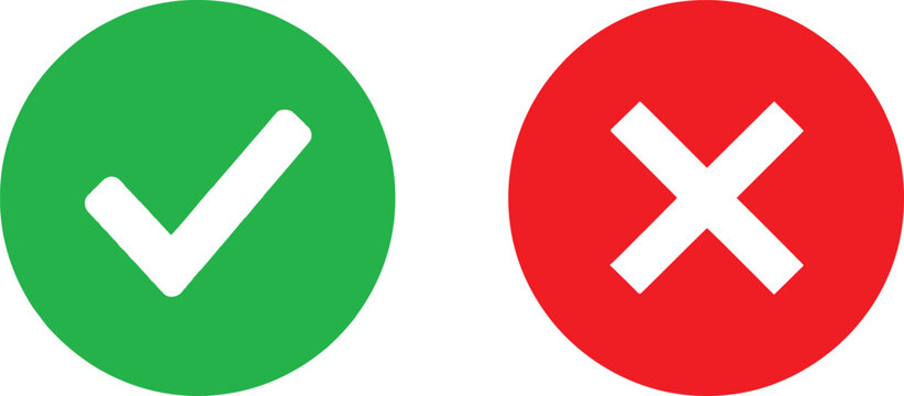 Green check mark and red cross sign icons for true or false choice and survey buttons