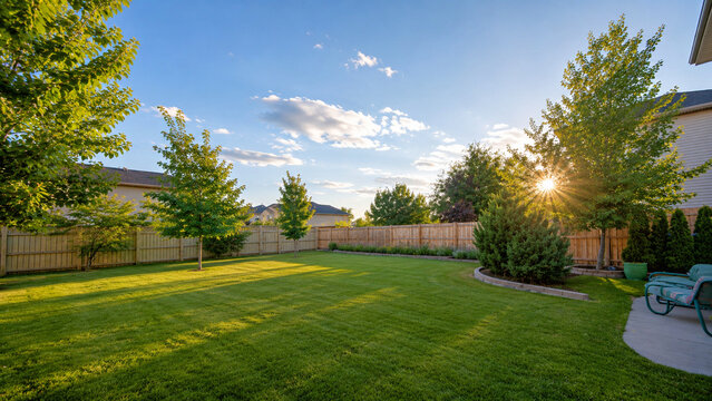 Sunlit suburban backyard with green lawn and wooden fence