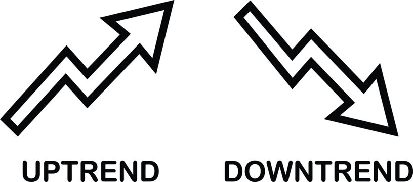 Black uptrend and downtrend arrow icons showing financial market growth and decline
