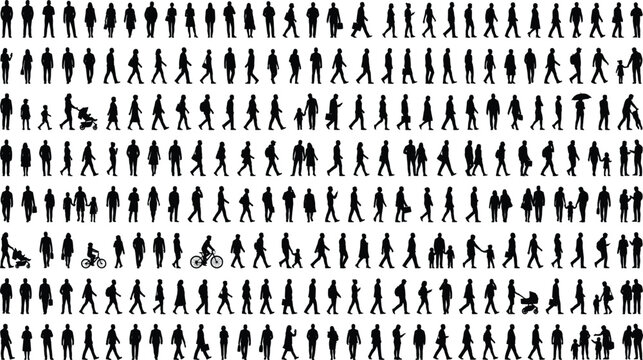 Crowd of people silhouettes in black and white, large collection of walking human figures, diverse pedestrian group vector set for urban planning