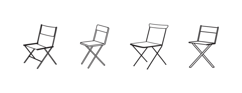 Four folding chairs in different angles and positions  simple line drawings of empty director chairs with metal frames and foldable legs
