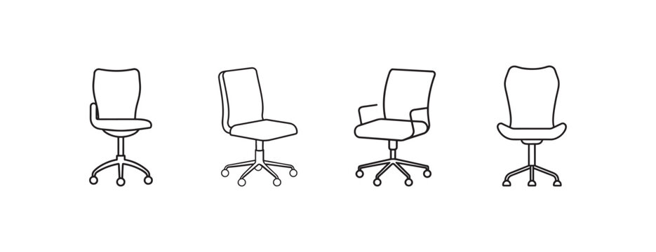 Four office chairs in different positions on casters wheels in simple line art style with no fill isolated on white background