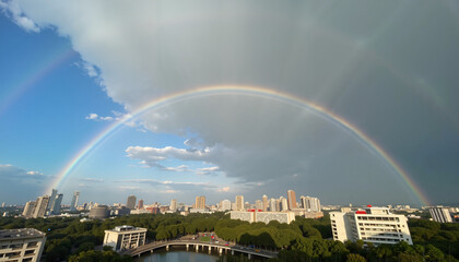 Naklejka premium Scenic rainbow over city skyline with dramatic clouds and vibrant colors highlighting urban landscape. Beautiful rainbow arcs across blue sky after rainstorm, creating an enchanting view of the city.