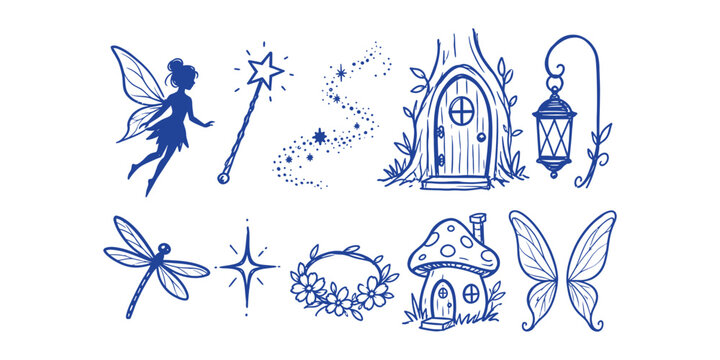fairy elements and fantasy magic doodle icon set with fairy silhouette wand pixie dust tree door lantern dragonfly sparkle flower crown mushroom house and wings vector illustration