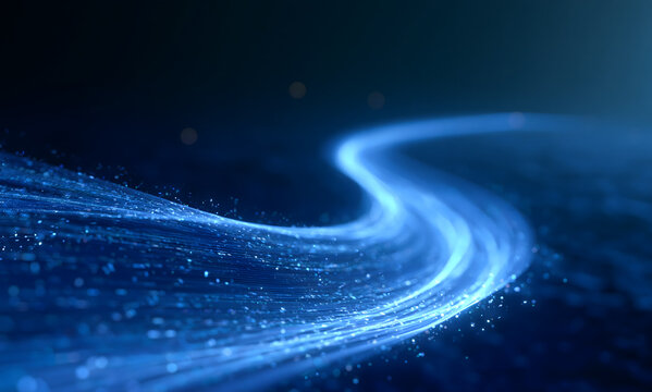 dark virtual digital space, deep technology blue atmosphere, a bright blue data light ribbon flying from foreground into the distance, small particles and data fragments following the ribbon