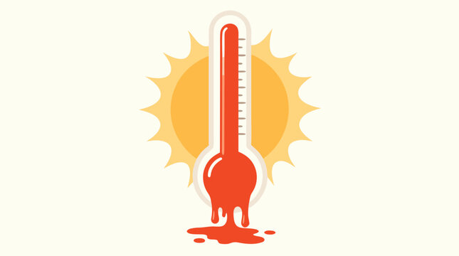 A flat vector illustration of a red thermometer with melting bulb and rising mercury beside a yellow sun, powerfully conveying extreme summer heat and global warming concepts.