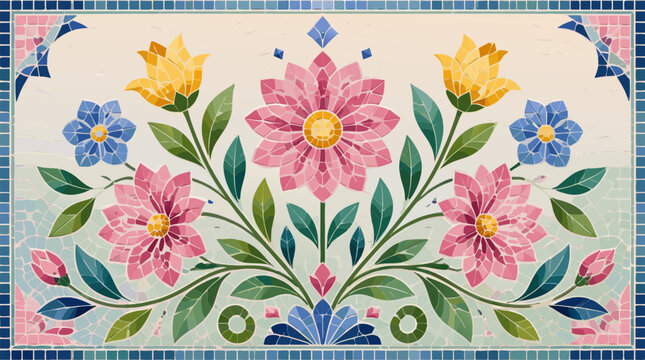 A flat vector illustration of a colorful abstract mosaic tile artwork featuring pink, yellow, and blue floral geometric elements, ideal for interior decor brands, tile manufacturers, festival art inst