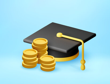3D Graduation cap with stack of gold coins. Cost of education and financial investment for academic degree concept. 3d vector illustration of student tuition fee and saving for university.