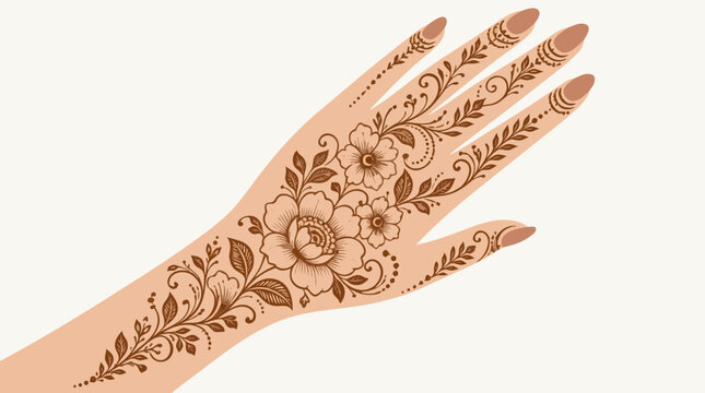 A flat vector illustration of an elegant hand displaying refined floral henna mehndi patterns with brown tones and dark nails, ideal for bridal beauty salons, cultural festival materials, fashion acce