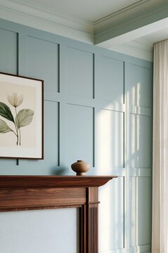 Living room corner featuring a dark walnut mantelpiece with a decorative vase and framed botanical art against a light blue paneled wall and sheer curtains