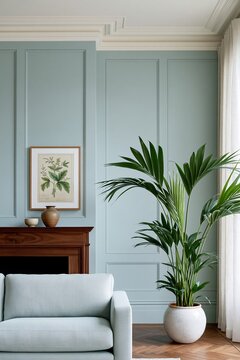 Living room corner featuring a light blue wall, dark walnut mantelpiece, decorative plant, and framed botanical art, creating a serene and stylish interior design