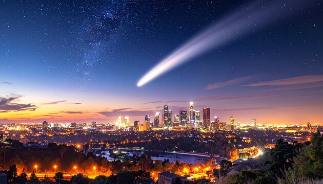 彗星の軌跡が夜空を駆ける大都市の夜景イラスト