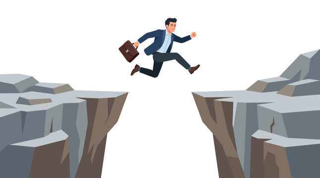 Ambitious businessman jumping across wide mountain gap for career growth and overcoming challenges flat vector illustration.