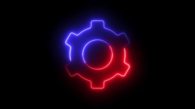 Glowing neon red and blue color setting sign icon animation circle cogwheel gear on black background