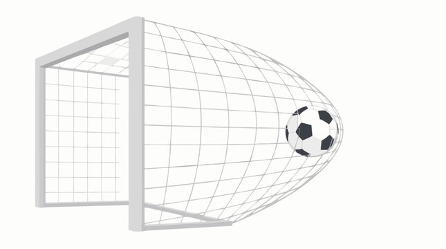 A flat vector illustration of a white soccer goal with net bulging dramatically inward from a football striking the back, viewed from a side-angle perspective conveying an impactful goal moment, ideal