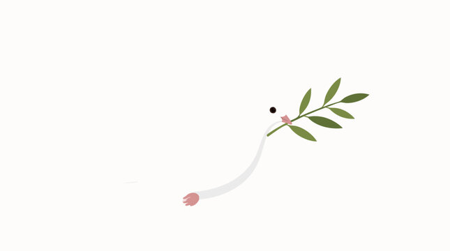 A flat vector illustration of a graceful white peace dove in flight carrying a green olive branch, a universal symbol of peace and hope, perfect for anti-war campaigns, humanitarian organizations, dip