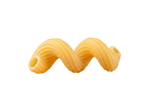Single dry Italian cavatappi corkscrew pasta, uncooked and textured, isolated on transparent background.