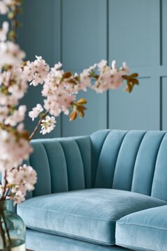 Softly blurred view of a light blue velvet sofa with decorative cherry blossom branches in a modern interior setting featuring a muted blue wall