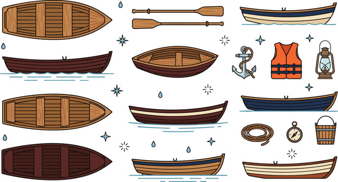 Vector illustration collection of wooden rowboats and dinghies in various views alongside nautical equipment including oars anchor life vest compass rope and lantern