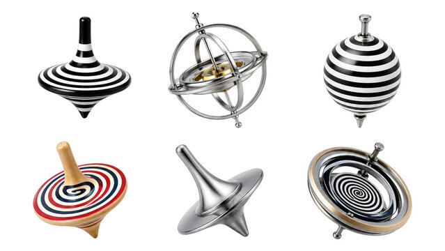 Six decorative spinning tops in various designs and materials displayed on a transparent background