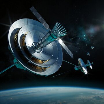 Large metallic communications satellite orbiting above the blue earth atmosphere with solar panels and parabolic dish antennas in deep space