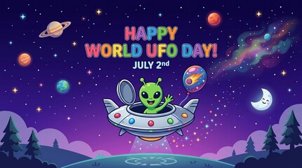 Naklejka premium Happy World UFO Day Illustration with a Friendly Alien in a Flying Saucer Spacecraft Against a Colorful Cosmic Background Featuring Planets, Stars, and a Crescent Moon