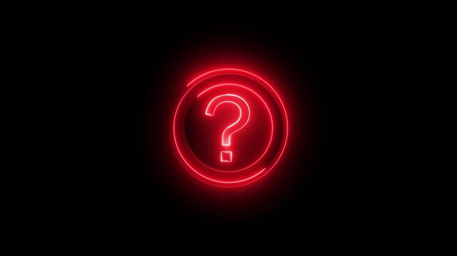 Glowing neon red color question mark sign icon animation quiz confusion mark punctuation interrogative sign education exam circle alphabet sign symbol on black background