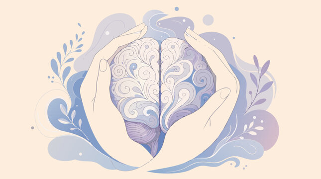 Clean flat vector illustration of two hands gently cradling an ornate decorative brain in soft blue and lavender tones, perfect for mental health awareness and wellbeing commercial use.