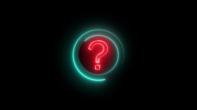 Glowing neon red and cyan color question mark sign icon animation quiz confusion mark punctuation interrogative sign education exam circle alphabet sign symbol on black background