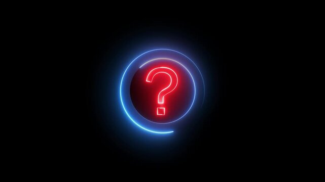 Glowing neon red and blue color question mark sign icon animation quiz confusion mark punctuation interrogative sign education exam circle alphabet sign symbol on black background