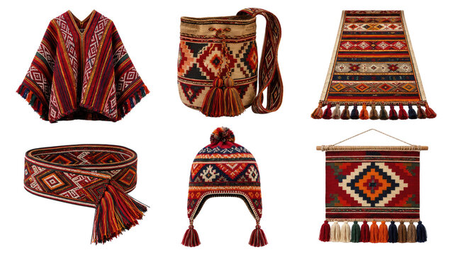 Colorful Andean-style textiles set featuring a poncho, mochila shoulder bag, woven rug, sash, chullo earflap hat and decorative wall hanging with geometric patterns and tassel accents