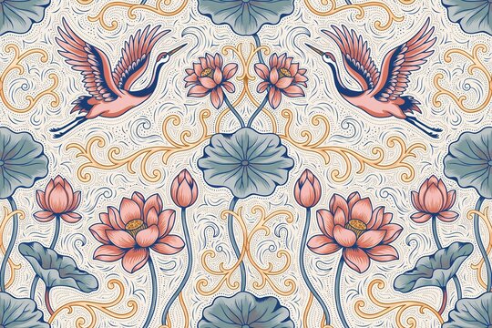 Intricate seamless pattern with flying cranes, pink lotus flowers, and swirling golden vines on a light cream background, vintage botanical style