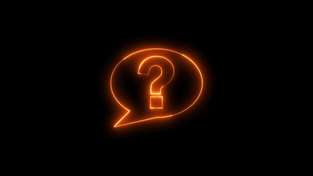 Glowing neon orange color message box with question mark sign icon animation quiz confusion mark punctuation interrogative sign education exam circle alphabet sign symbol on black background