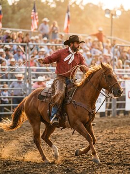 A professional cowboy riding a brown horse in a rodeo arena during sunset, holding a lariat with a blurred crowd and American flags in the background, capturing a classic Western sport scene.