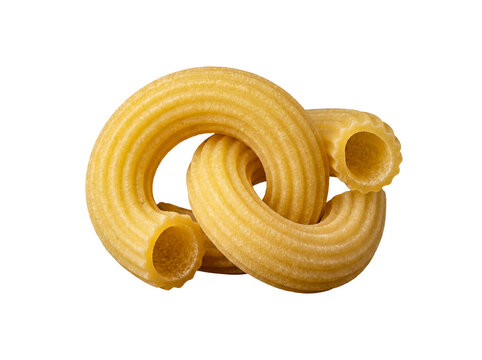 Uncooked Italian maccheroni rigati pasta tubes, dry and textured, isolated on transparent background.