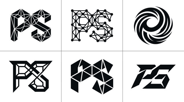 Collection of geometric and abstract PS letter logos and a spiral design.