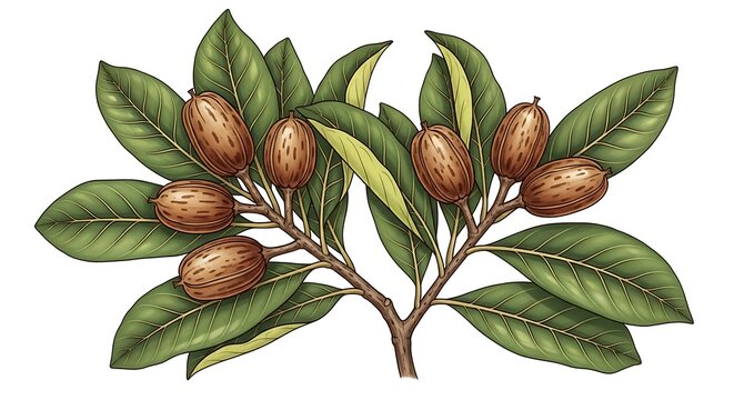 Pecan tree branch with nuts and leaves.